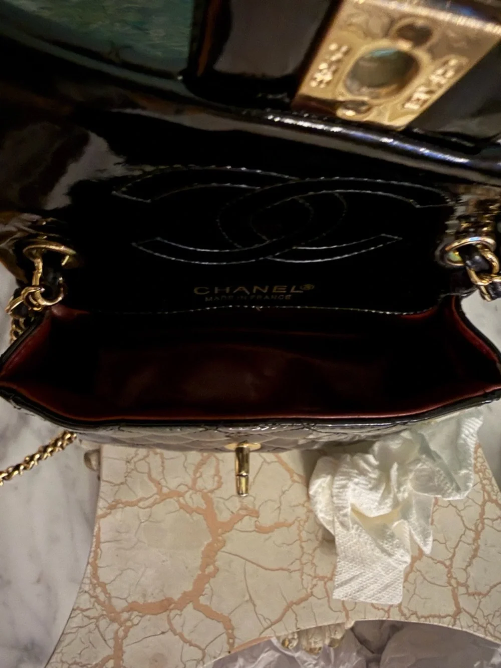 CHANEL Vintage Black Quilted Patent Mini Crossbody with Gold Hardware